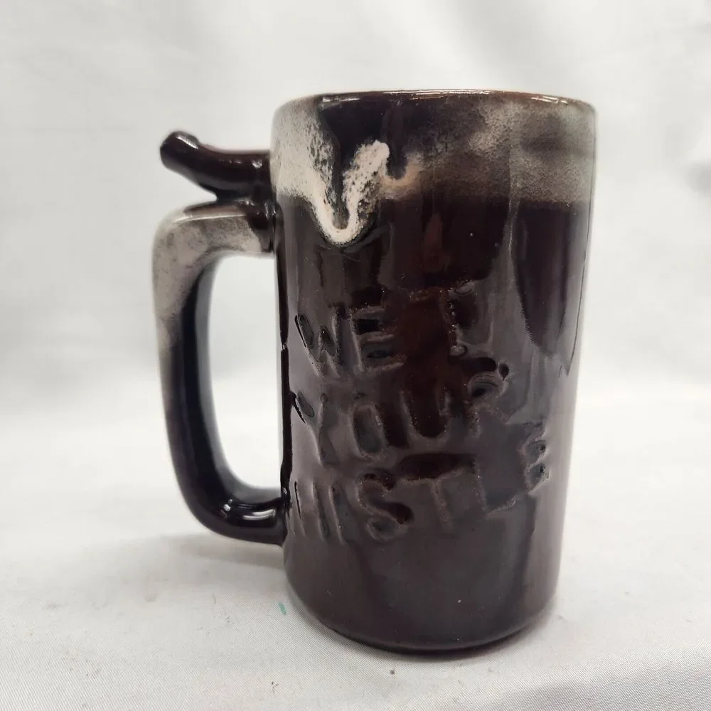 VTG Beer Mug Wet Your Whistle Went to P Brown Ceramic Drip Glaze Cup Fun Gift